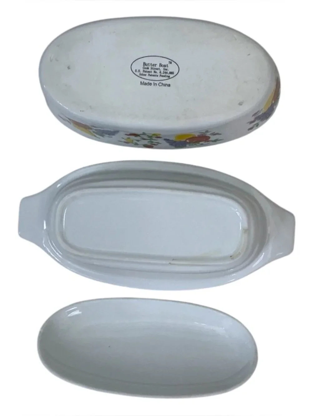 French Covered Butter Bell Dish White Multicolor Fruit 3 Piece Cook St Vintage